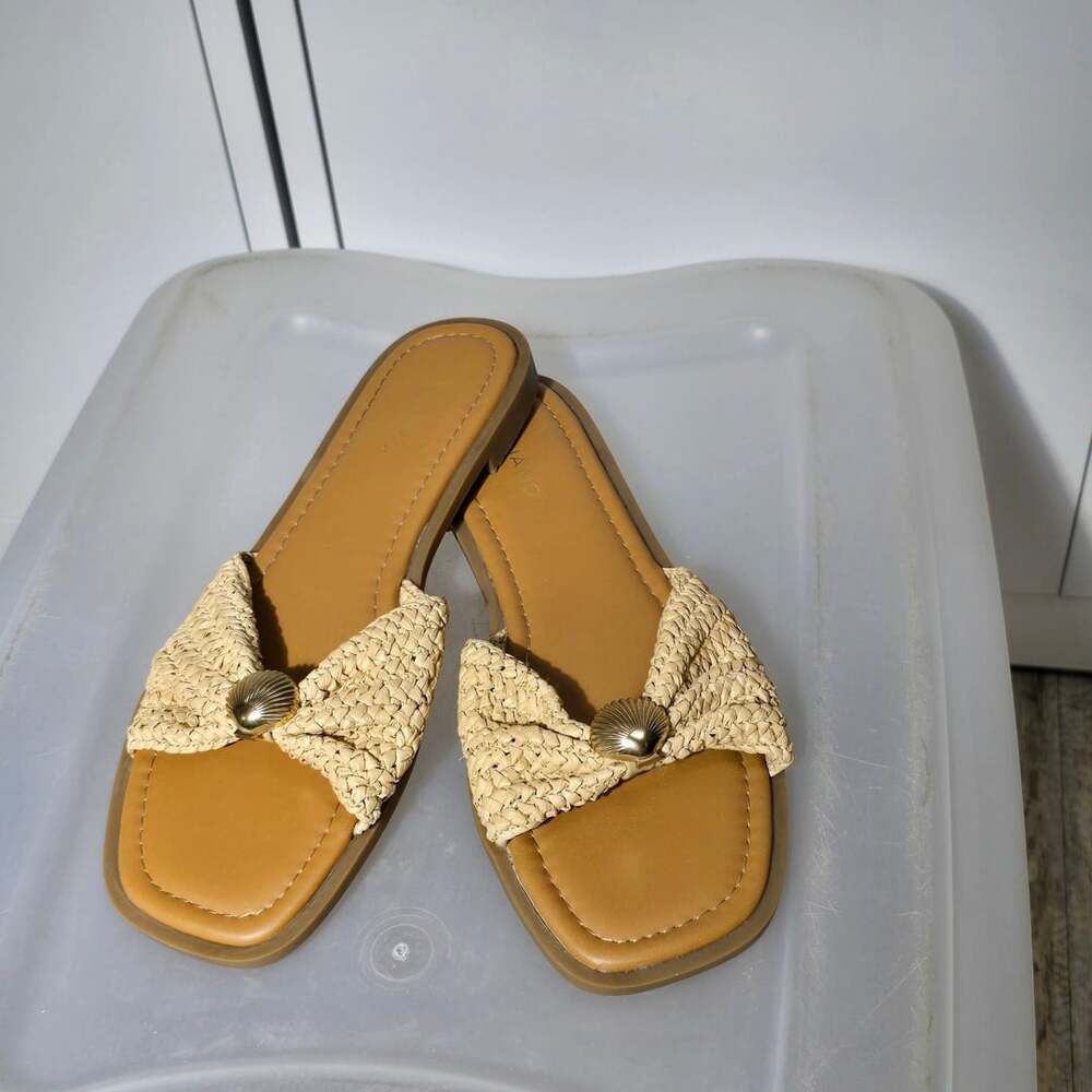 Andiamo Raffia Bow Slide Sandals with Shell Detail